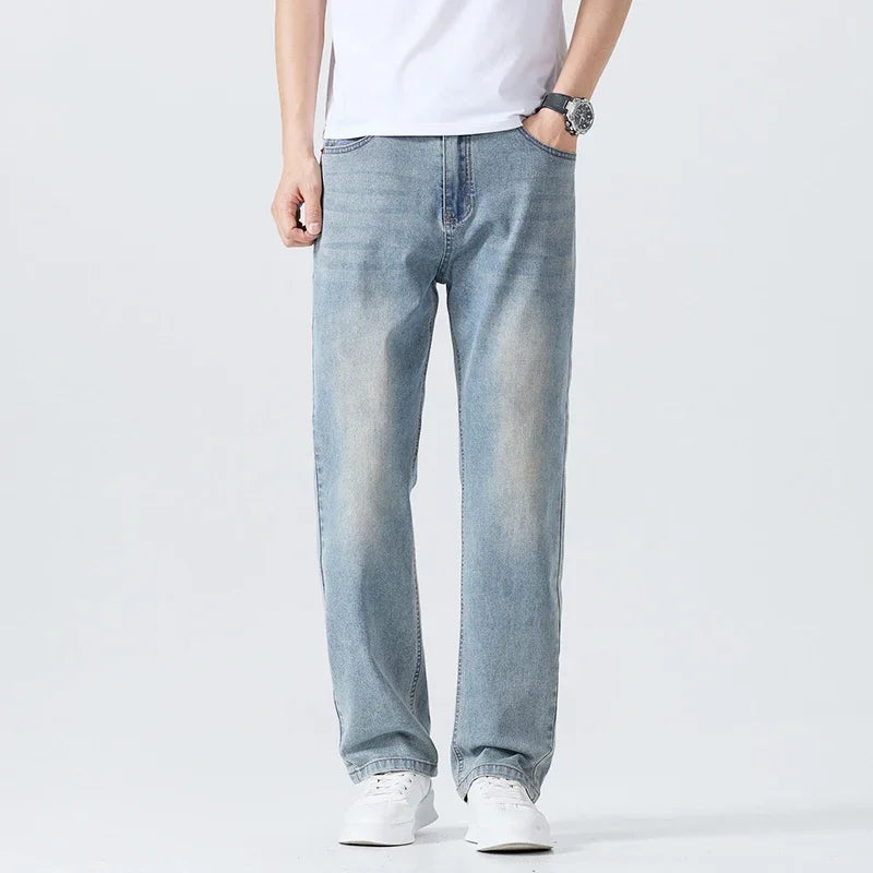 Summer Thin Straight Jeans Men's Clothing Soft Breathable Trousers Male Brand Comfortable Business Loose Denim Pants