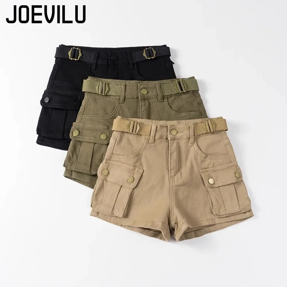 Women's Summer High Waisted Stretchy Denim Shorts Korean Cargo Style Slim Fit Ultra Short Hot Pants with Large Pockets for Dance
