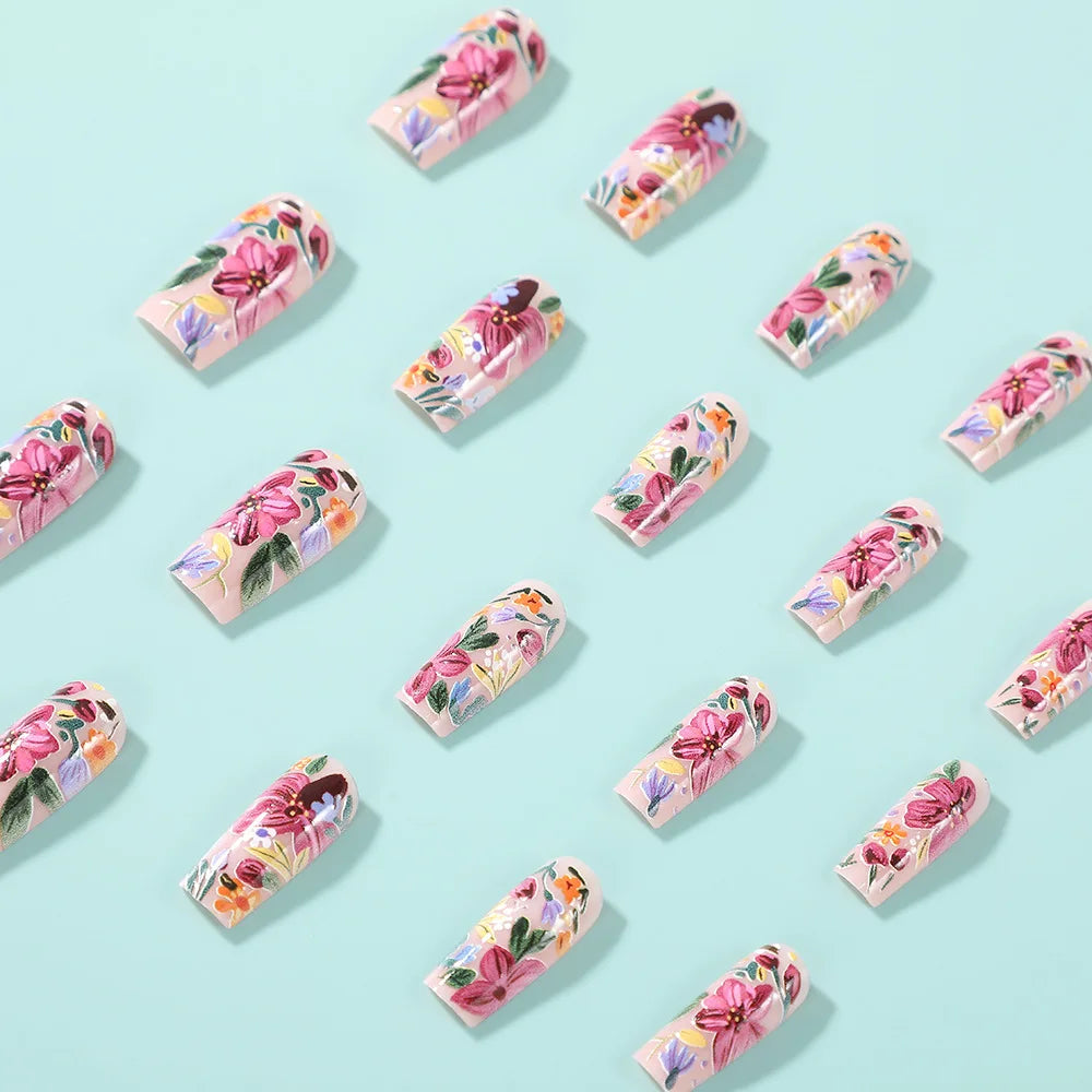 24pcs Press on Nails Square Flower False Nails Wearable Stick-on Nails Fake Nail Uñas Postizas Mujer Накладные Ногти 네일팁