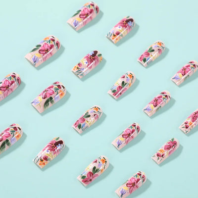 24pcs Press on Nails Square Flower False Nails Wearable Stick-on Nails Fake Nail Uñas Postizas Mujer Накладные Ногти 네일팁