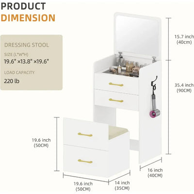 3 in 1 Vanity Desk with Flip Top Mirror,Small Make Up Vanity Set with Visible Glass Desktop,Compact Makeup Vanity with 3