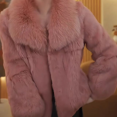 Real Rabbit Fur Coat Women Autumn Winter Short Jacket Thick Warm New Fashion Fox Fur Collar Elegant Female Warm Outerwear