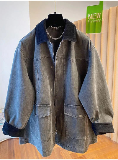 Contrasting Corduroy Spliced Denim Jacket for Women Mid Length Loose Coat Autumn Winter Pocket Outwear Versatile
