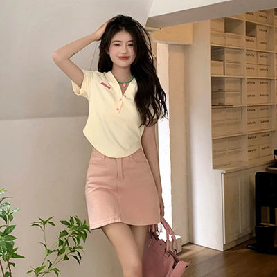 Women's Slim Short-sleeved T-shirt Sexy Pure Desire Wind Spice Girls V-neck Tops Cotton Summer Slim Chic Short Comfortable Top