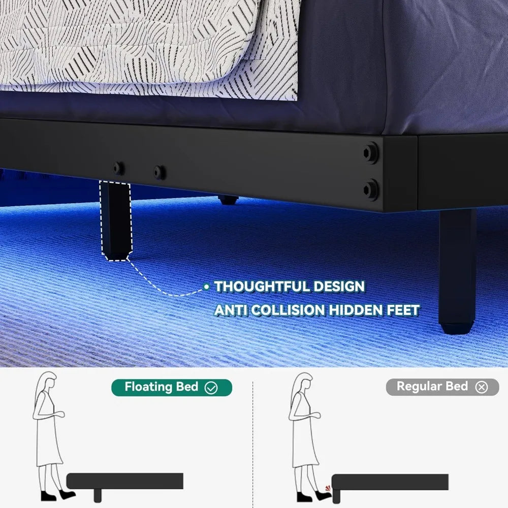 Floating Bed Frame Queen Size, LED Bed Frame with Charging Station, Metal Platform Queen Bed with Heavy Duty Steel Slats