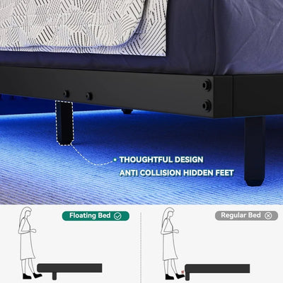 Floating Bed Frame Queen Size, LED Bed Frame with Charging Station, Metal Platform Queen Bed with Heavy Duty Steel Slats