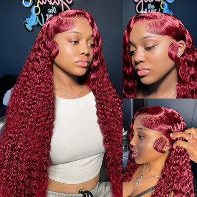 Curly 99J Burgundy 30 Inch Deep Wave 13x4 Lace Front Wig Wet And Wavy Red Colored wigs HD Lace Frontal 100% Human Hair Wigs