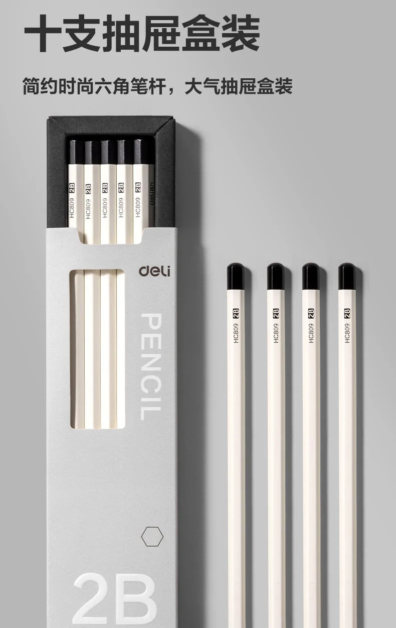 Deli HC809 HB/2B White Hexagonal Pencil 10pcs/Set Safe and Non toxic Stationery Supplies,Suitable for Elementary School Students