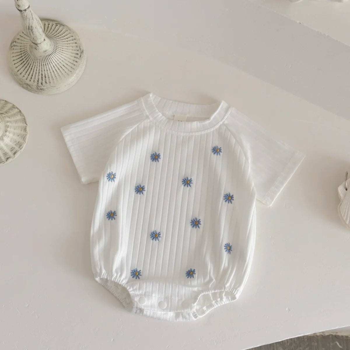 Summer New Newborn Baby Girl Clothes Summer Romper Short-Sleeved Home Clothing Jumpsuit Flower Embroidery Toddler Bodysuit