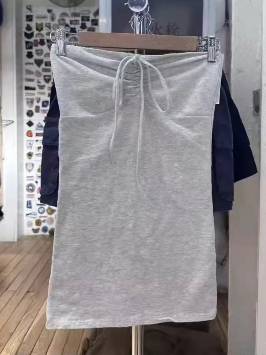 Solid Cotton Drawstring Strapless Tank Tops Women Streetwear Side Split Slim Cropped Vest Summer Sweet Vintage Chic Camis Y2K