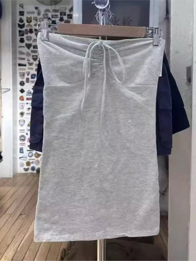 Solid Cotton Drawstring Strapless Tank Tops Women Streetwear Side Split Slim Cropped Vest Summer Sweet Vintage Chic Camis Y2K