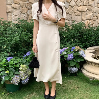Women Summer Vintage Long Wrapped Dress 2024 New Female Double Layer Ruffled Collar Lacing Up Slim Waist Sundress
