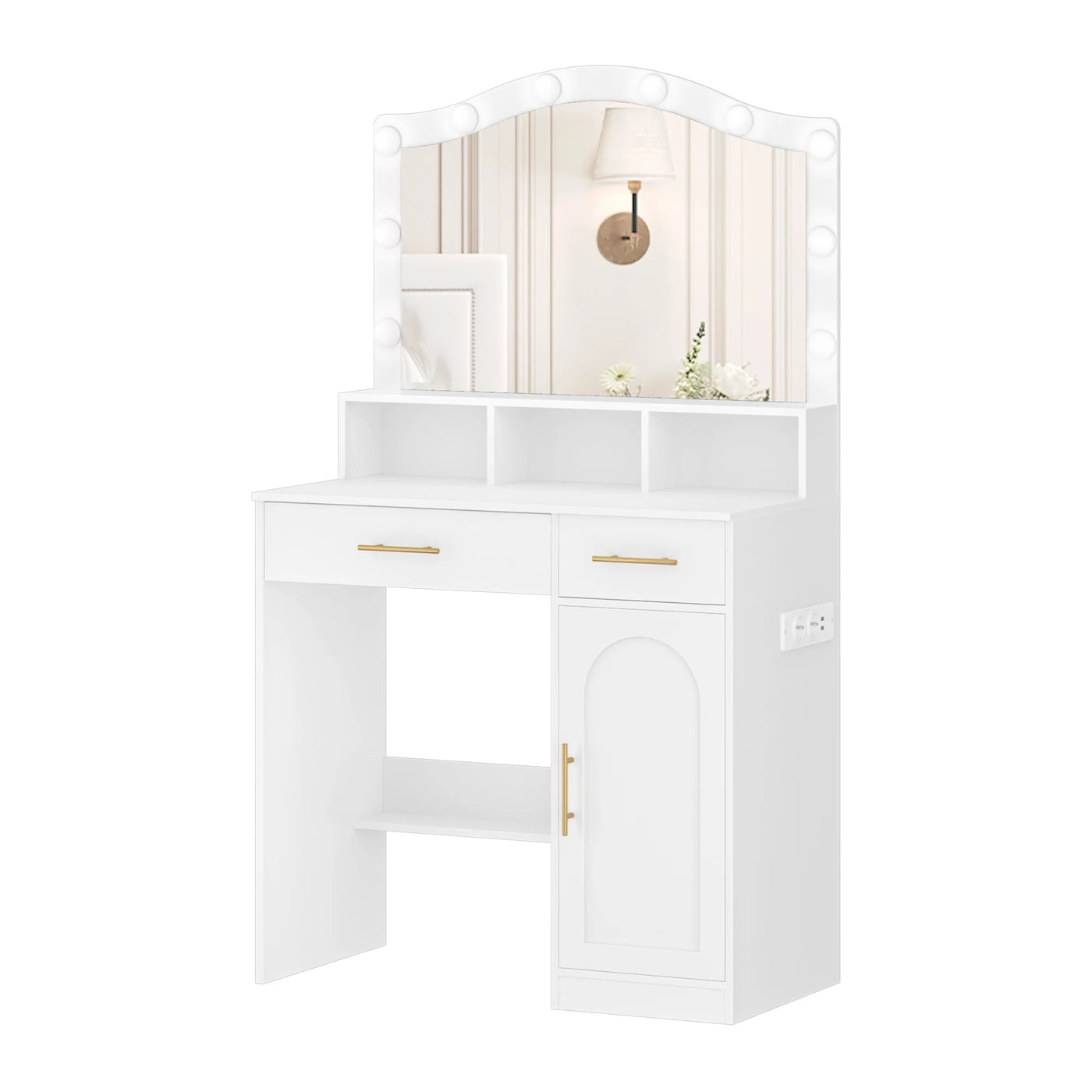 Hzuaneri Dressing Table, HD Large Mirror, 3 Colored Adjustable LED Lights, with Charging Station 2 AC Sockets and 2 USB Ports