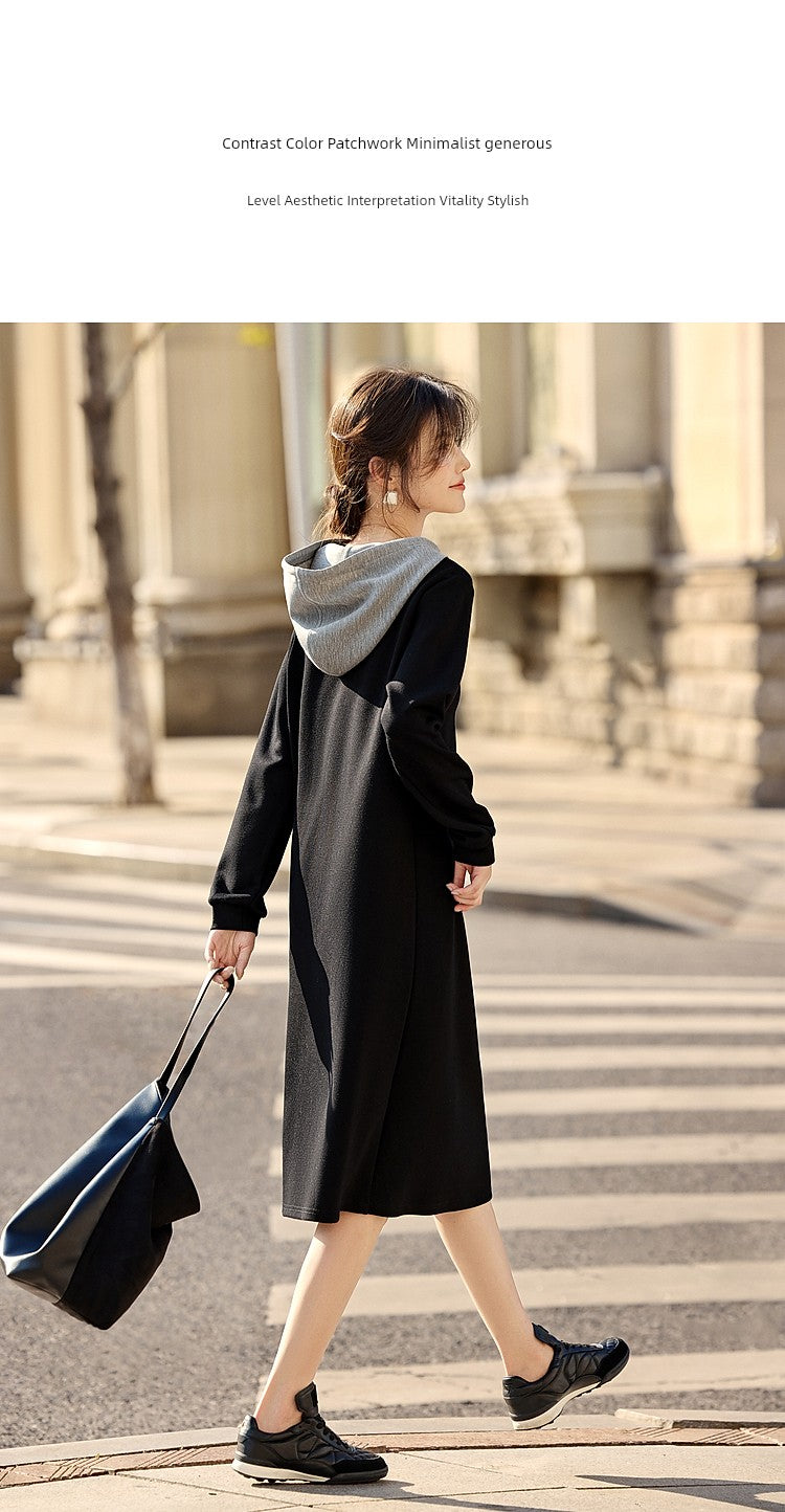 Xwi Xin Not Contrast Color Patchwork Hoodie Dress Female 2024 Autumn Simplicity Generous Slimming Elegant Long Dress