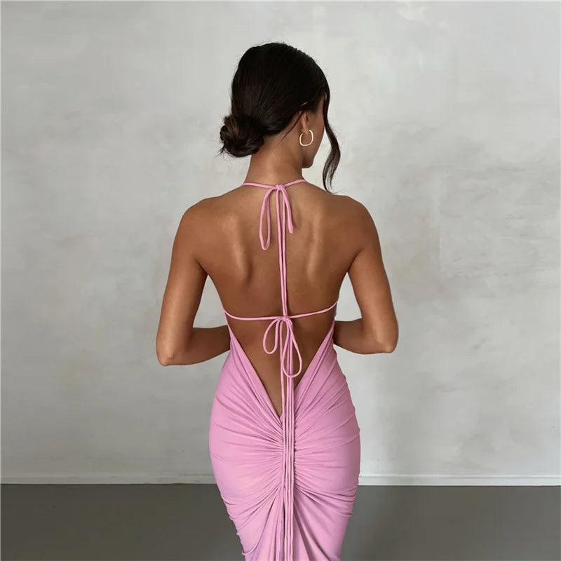 Summer sexy pleated solid color strap with perspective high slit backless sleeveless long skirt