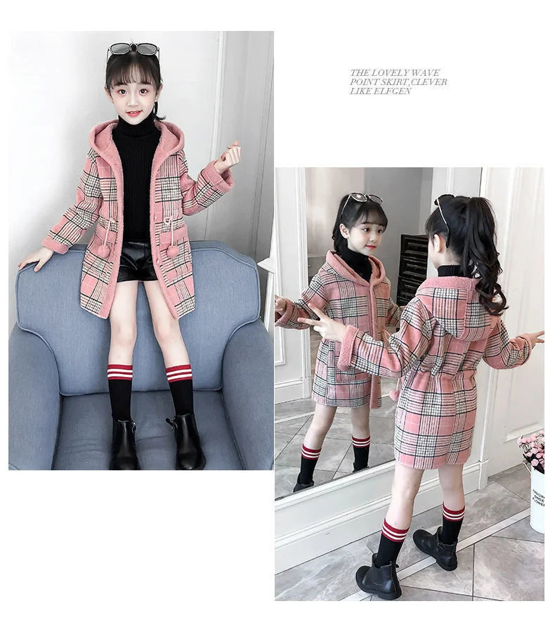 Autumn Winter Girls Hairy Coat Fashion Design Long Coat for Girls Kids Outerwear Grid Pattern Warm Winter Jacket Coats 4-12T