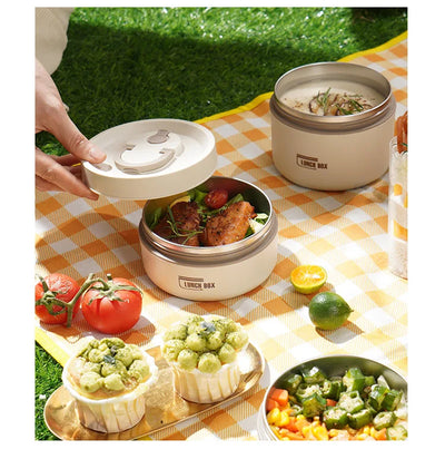 Portable Thermos 304 stainless steel insulated lunch box leakproof sealed bucket student lunch box multi-layer Round bento box