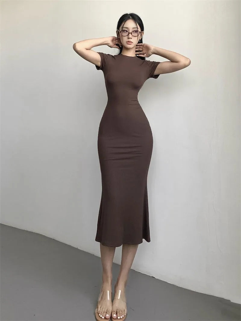 Women's Sexy Slim Fishtail Dresses Temperament Long Dress Short-sleeved Pure Desire To Show Figure Tight Beautiful Hip Skirt