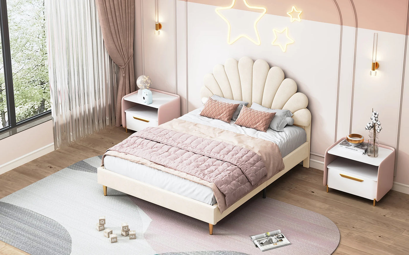 Double bed 140x200 cm, upholstered bed with flower-shaped headboard and slatted frame, stable bed frame, children's bed