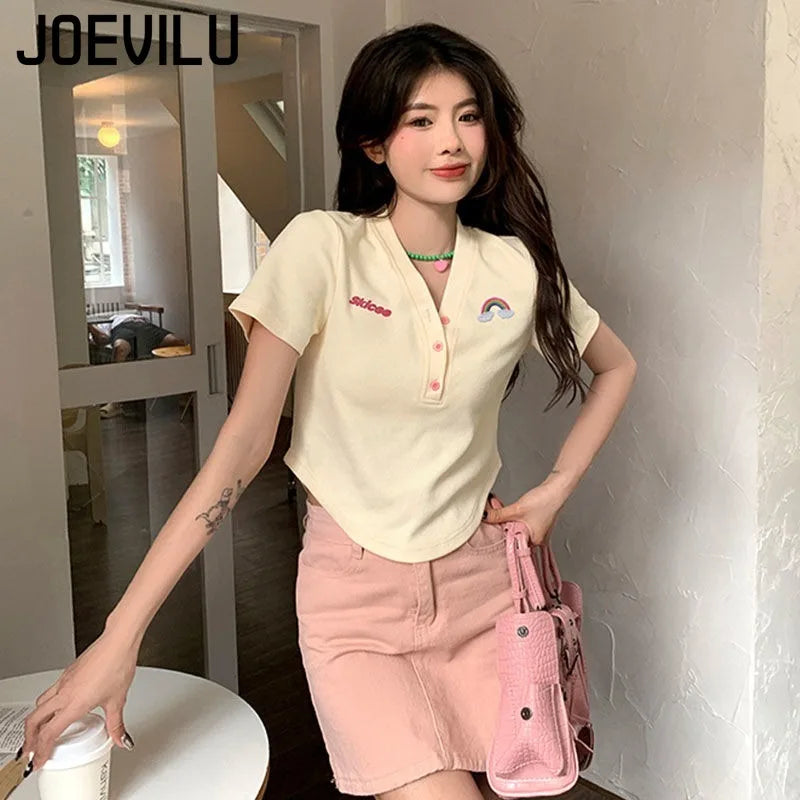 Women's Slim Short-sleeved T-shirt Sexy Pure Desire Wind Spice Girls V-neck Tops Cotton Summer Slim Chic Short Comfortable Top