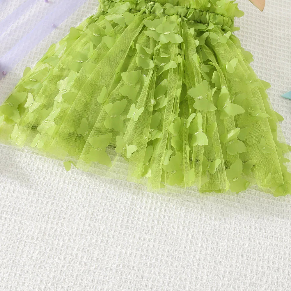 (0-3 Years) Summer New Baby Girls Dress Solid Color Halter Butterfly Embellished A-Line Skirt Mesh Sweet Princess Dress