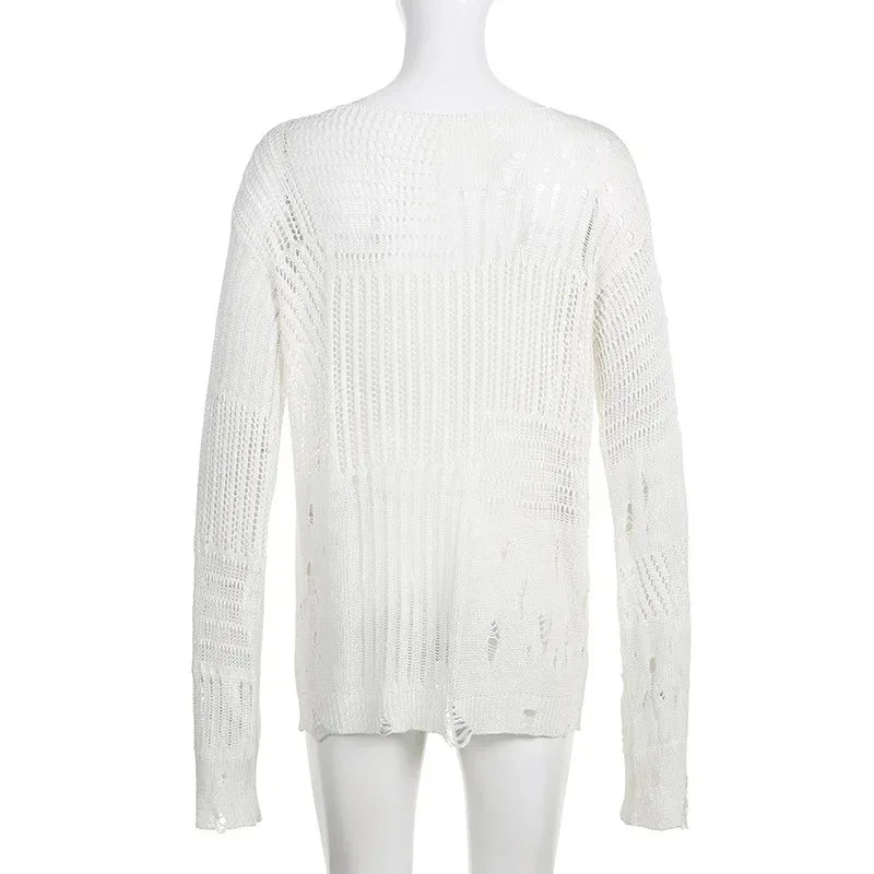 Women's Vintage Gothic Hollow Knit Sweater with Ripped Holes Grunge Y2K Style Thin Long Sleeve Loose Fit Summer Top in Black