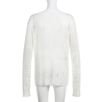 Women's Vintage Gothic Hollow Knit Sweater with Ripped Holes Grunge Y2K Style Thin Long Sleeve Loose Fit Summer Top in Black