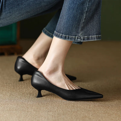 plus size 34-42 women's genuine leather 4.5cm kitten heel pointed toe slip-on pumps elegant ladies low heeled shoes