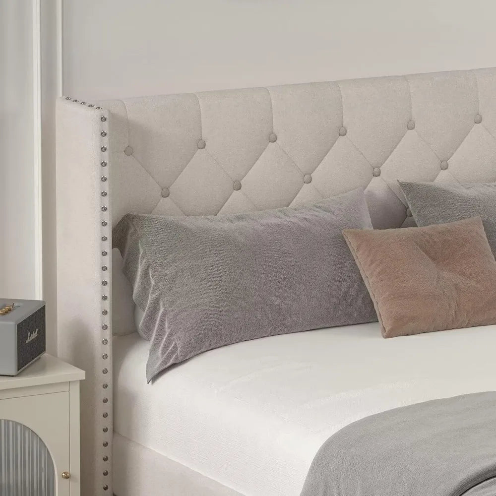 Queen Size Bed Frame with LED Lights, Upholstered Bed Frame with Wingback Diamond Tufted Headboard, Wood Slats Support