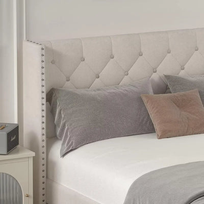 Queen Size Bed Frame with LED Lights, Upholstered Bed Frame with Wingback Diamond Tufted Headboard, Wood Slats Support