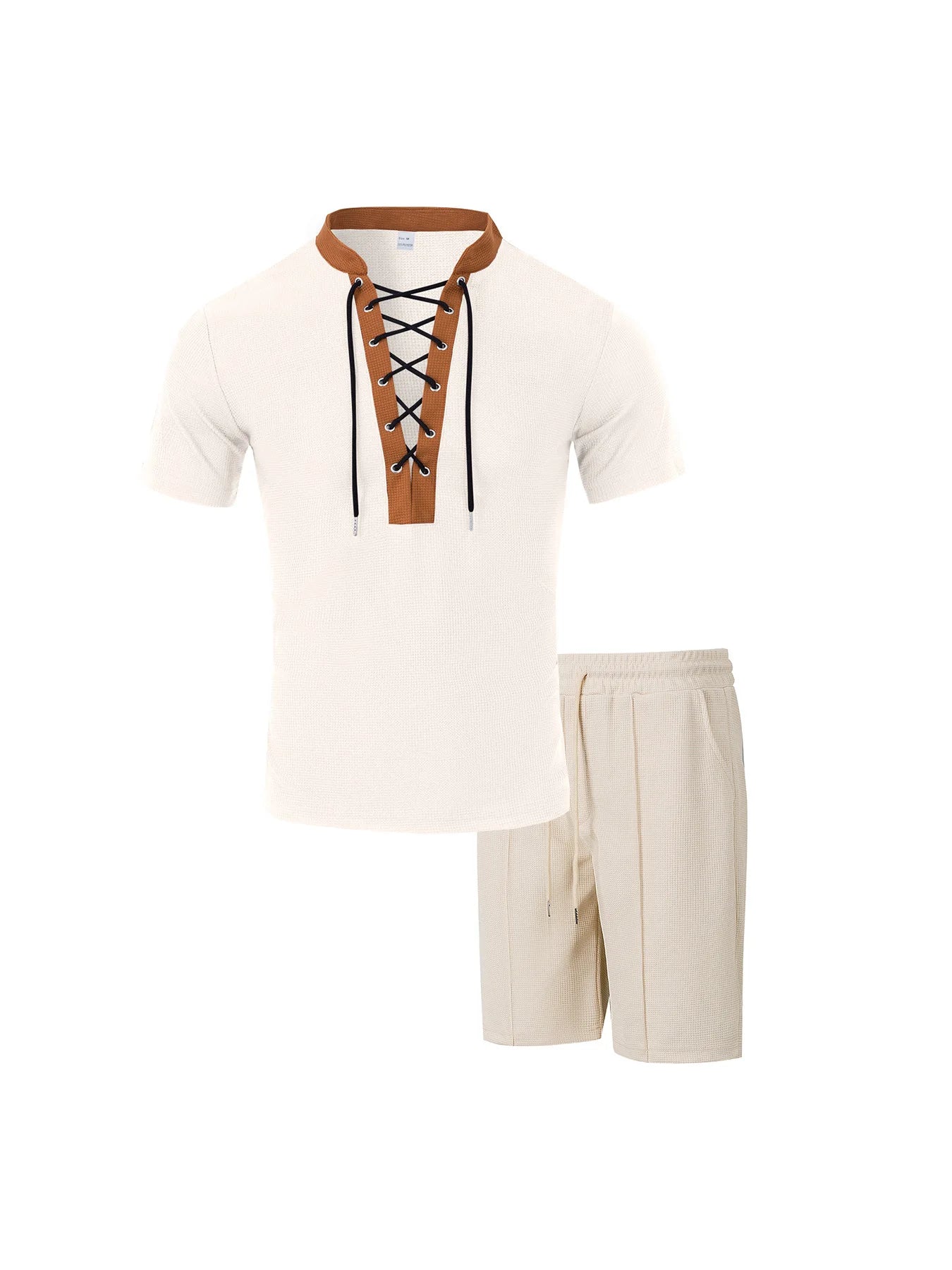 The 2025 men's new waffle checkered round-neck fashionable top, a two-piece casual suit with a rope short sleeve and shorts
