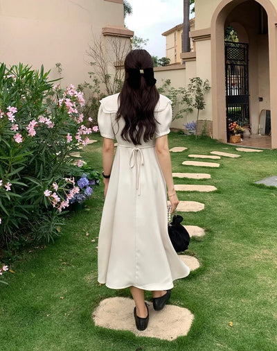 Women Summer Vintage Long Wrapped Dress 2024 New Female Double Layer Ruffled Collar Lacing Up Slim Waist Sundress