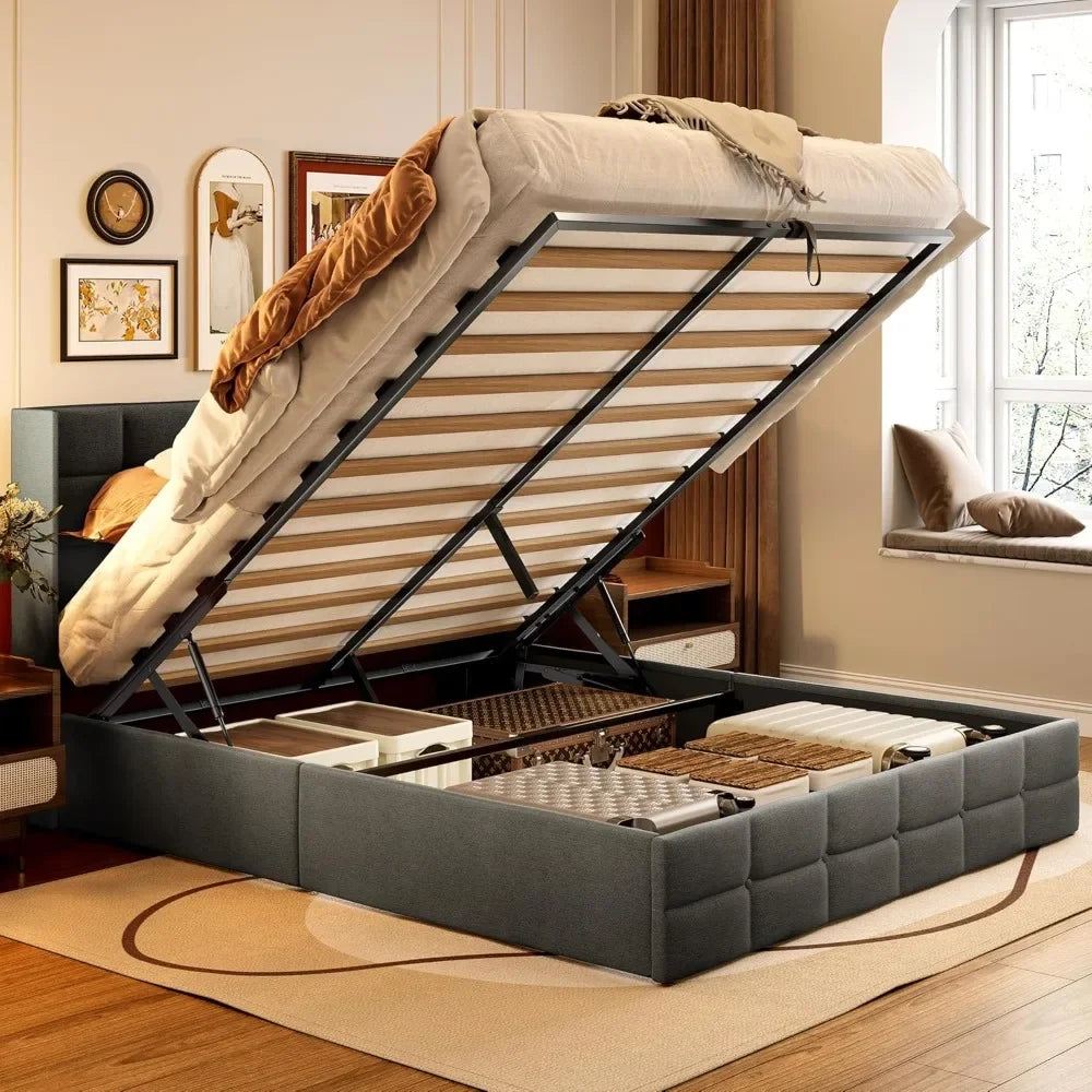 Queen Lift Up Storage Bed with Storage, Upholstered Platform Bed Frame with Modern Wingback Headboard, Woodern