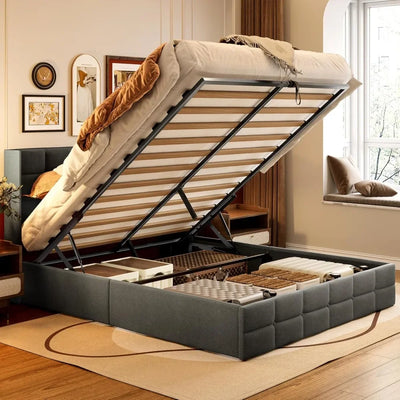 Queen Lift Up Storage Bed with Storage, Upholstered Platform Bed Frame with Modern Wingback Headboard, Woodern