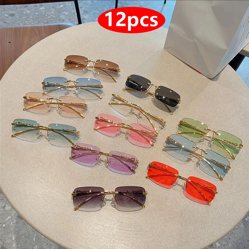 12pcs Brand Leopard Rimless Rectangle Sunglasses Fashion Y2K Frameless Sun Glasses Shades for Women Men UV400