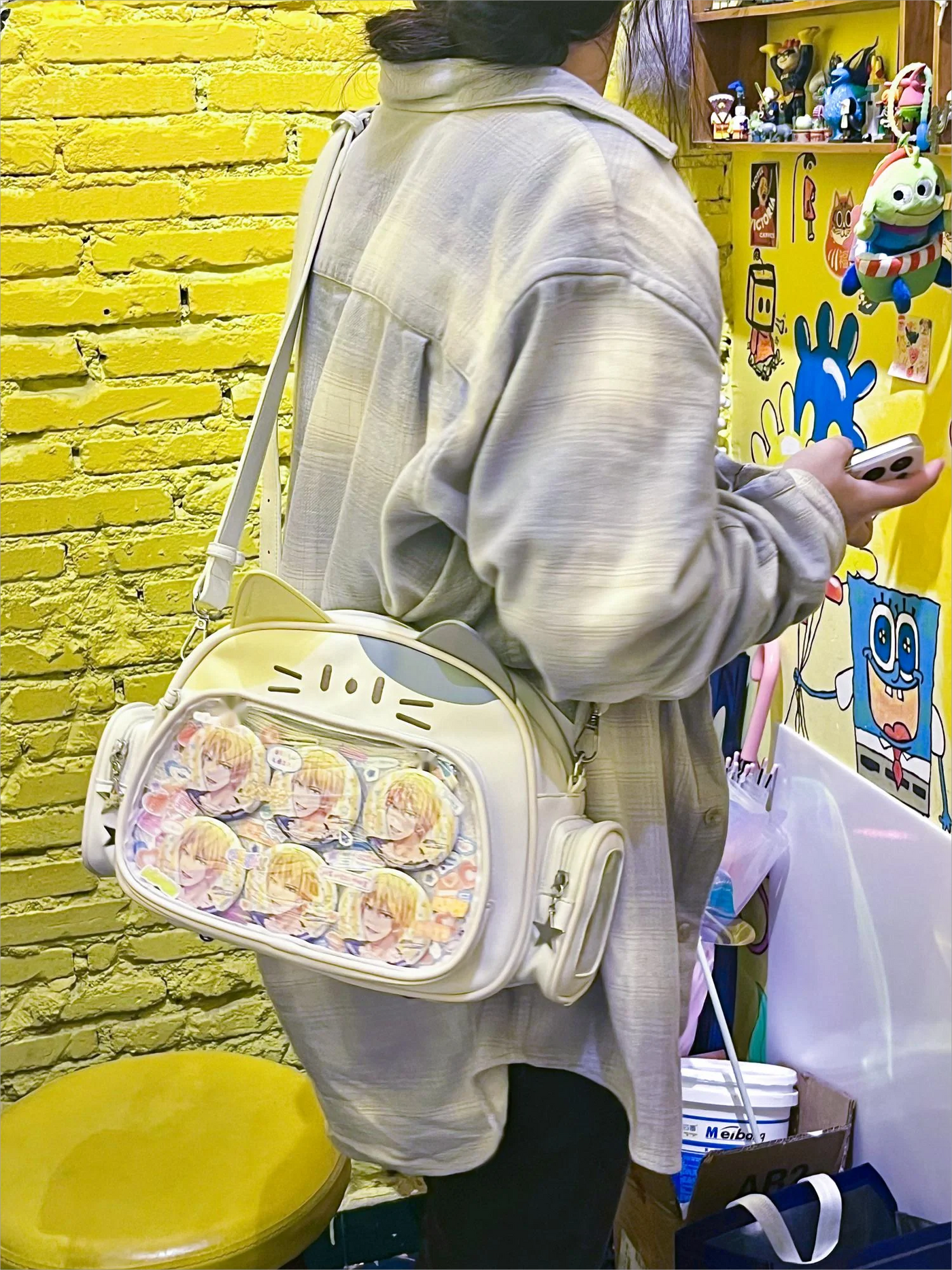 JIAERDI Kawaii Cat Ita Bag Lolita Y2K Backpack Female Cute PU Shoulder Bag Girl Transparent Pocket Harajuku Crossbody Bag Women