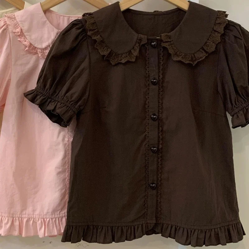 Puff Short Sleeve Lace Ruffles Blouse