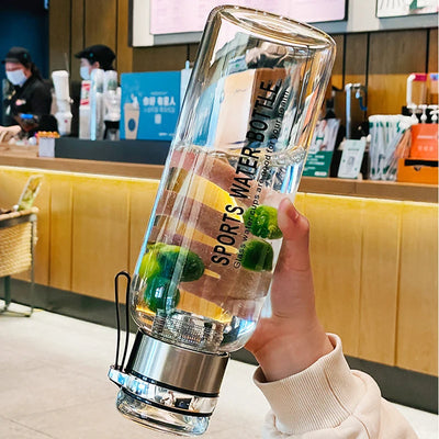 Sports Glass Water Bottle 2L Capacity Free Cup Cover (with Shoulder Strap)  Portable Leak-proof Drinking Stainless Steel Lid