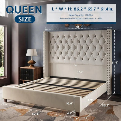 Queen Size Velvet Wingback Bed Frame with 61.4" High Headboard, Handcrafted Pleats and Deep Platform Design