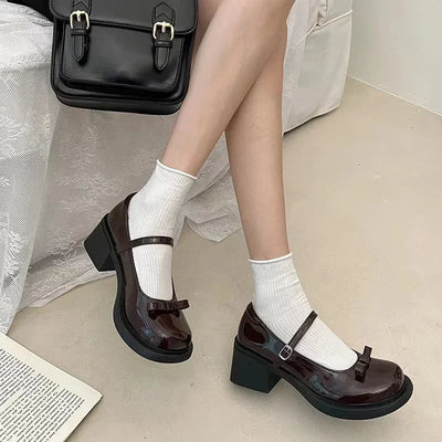 Round Toe Mid Heel Women Shoes 2024 Spring New Black Patent Leather Mary Jane Shoes Japanese Lolita Women's Pumps Zapatos Mujer