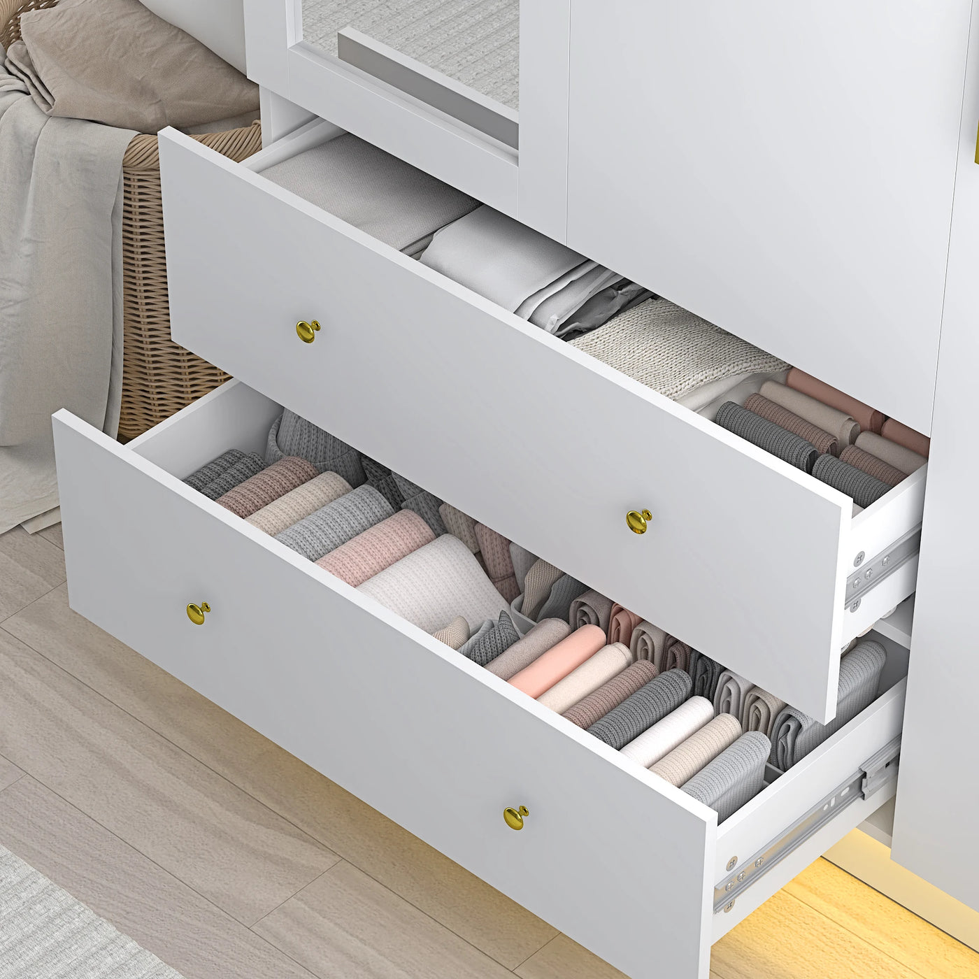 Modern Wooden Armoire Wardrobe Closet with Hanging Rod for Bedroom, 3 Door Wardrobe Closet with Mirror & LED Lights,White