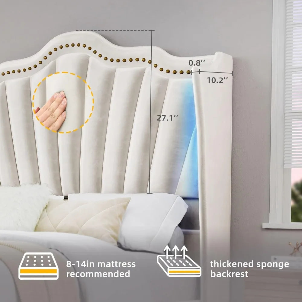 Queen Size Platform Bed Frame with 60" Tall Wingback Headboard and Footboard, Velvet Upholstered Bed with LED Light,Bed Frame