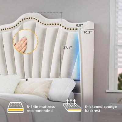 Queen Size Platform Bed Frame with 60" Tall Wingback Headboard and Footboard, Velvet Upholstered Bed with LED Light,Bed Frame