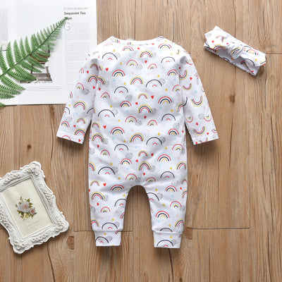 2pcs Infant Baby Girls Clothes Fashion Printed Cotton Long Sleeve Romper Jumpsuit with Headband Newborn Clothing for 0-18month