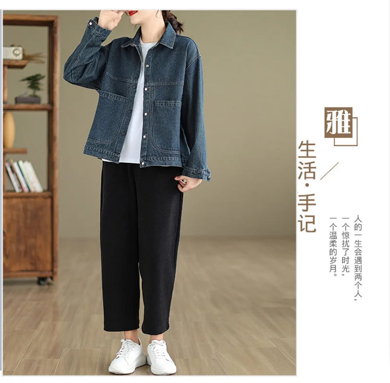 2025 New Autumn Women Denim Jacket Retro Long Sleeve Jeans Jacket Female Loose Casual Denim Coat Outwear Overwear