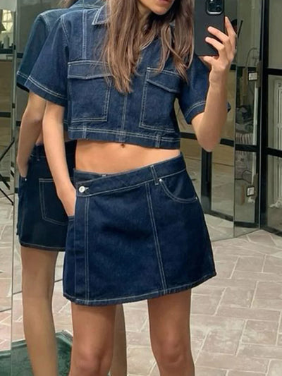 Women’s 2 Piece Denim Outfits Short Sleeve Lapel Jean Tops and Asymmetrical Shorts Set Streetwear