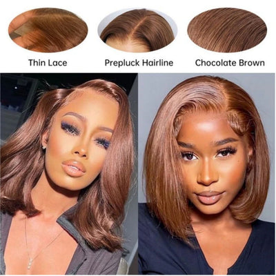 12A Malaysia #4 Brown Straight Short Bob Wig 100% Human Hair Wig Chocolate Glueless Wig Virgin Hair For Black Women