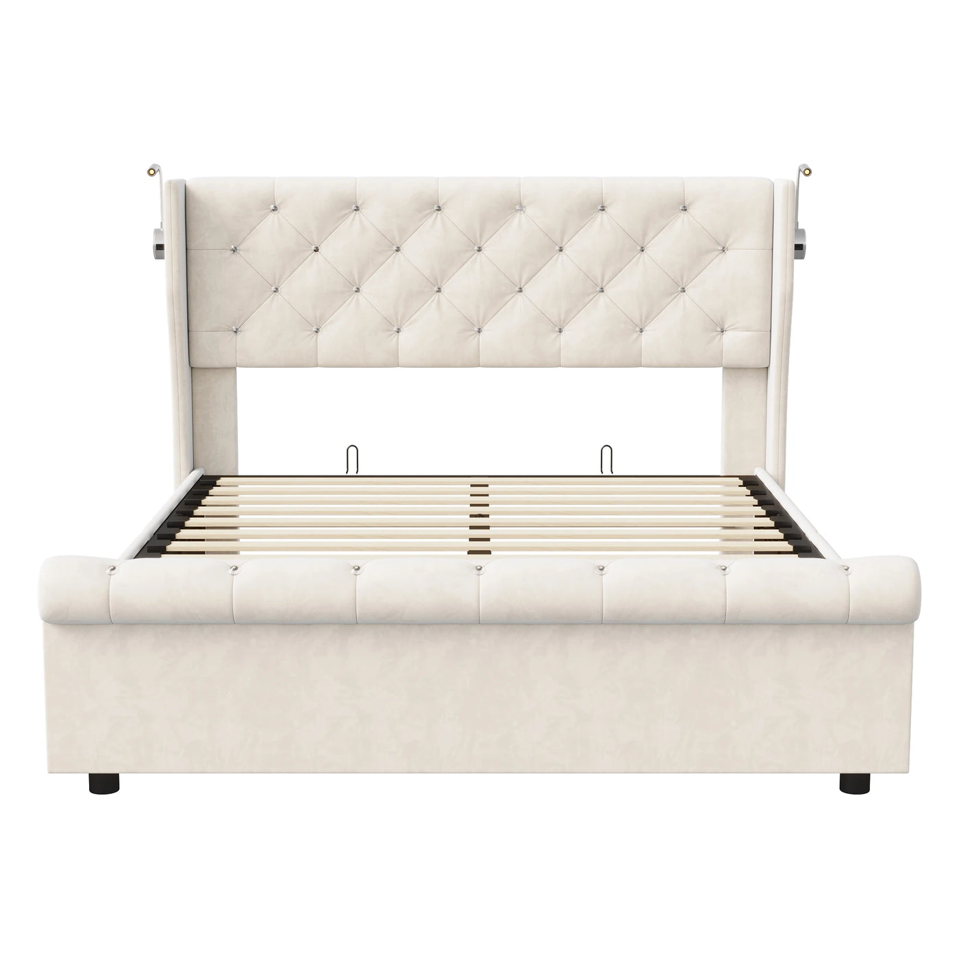 Double bed, 140x190 cm, equipped with LED strip and USB port, with a hydraulic storage chest, velvet fabric