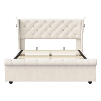Double bed, 140x190 cm, equipped with LED strip and USB port, with a hydraulic storage chest, velvet fabric