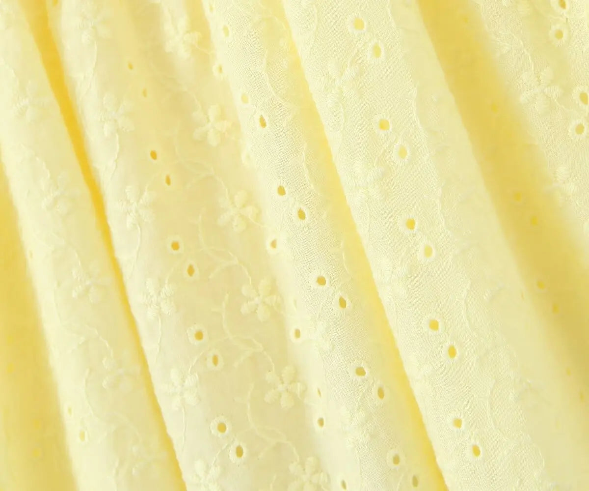 2024 Sexy Yellow Hollow out Embroidery Lace Cotton Corset Style Bow Sling Dress Women Low Waist Ball Gown Swing Mini Party Robe